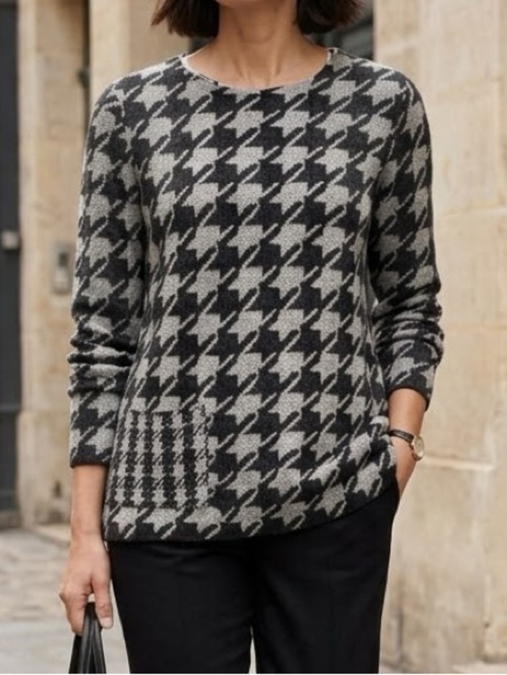 J. Jill Houndstooth Scoop Neck Sweater Top Black Gray Lightweight Knit Small